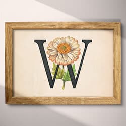 Letter W Art | Typography Wall Art | Flowers Print | Beige, Black, Brown, Green, Yellow and Red Decor | Vintage Wall Decor | Entryway Digital Download | Spring Art | Pastel Pencil Illustration