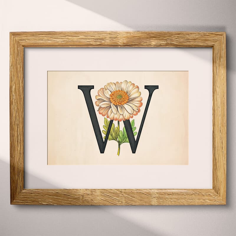 Matted frame view of A vintage pastel pencil illustration, the letter "W" with a flower