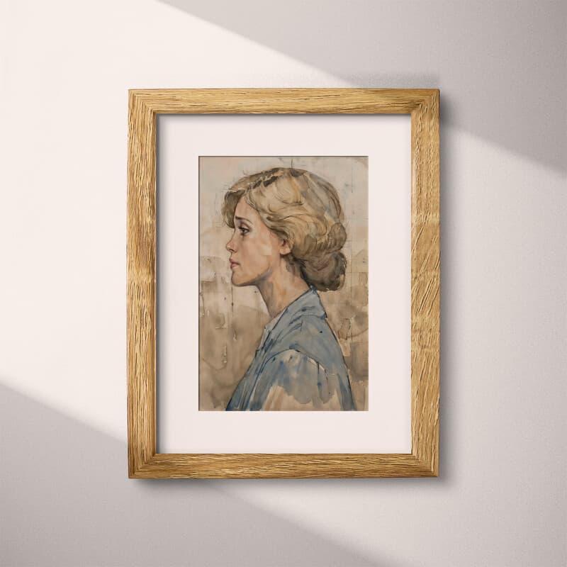 Matted frame view of A vintage watercolor painting, portrait of a woman with blond hair, side view