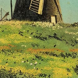 Windmill Art | Landscape Wall Art | Landscapes Print | Blue, Black, Yellow and Green Decor | Vintage Wall Decor | Living Room Digital Download | Housewarming Art | Spring Wall Art | Pastel Pencil Illustration