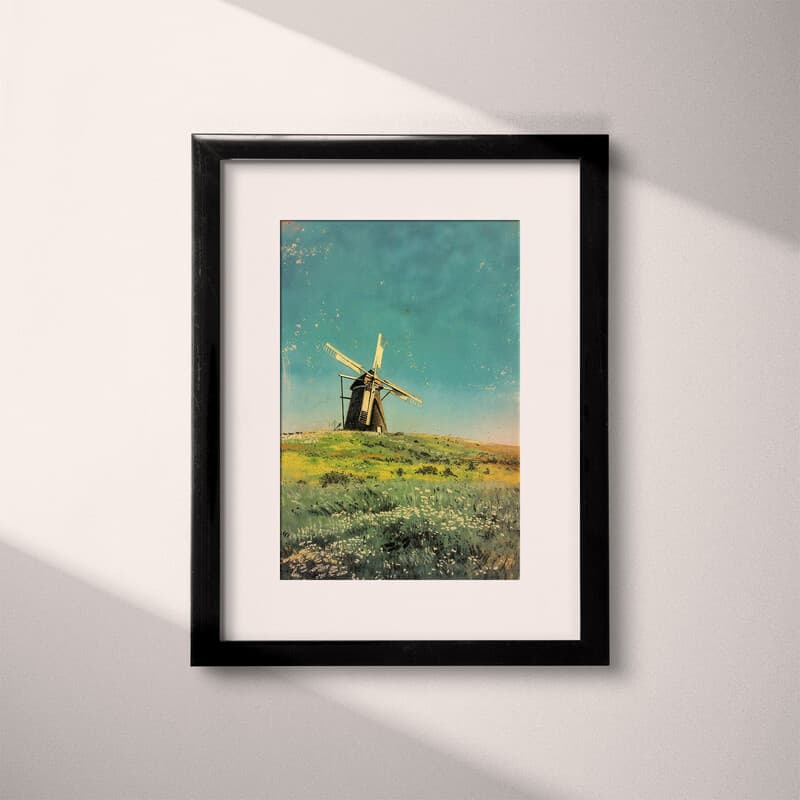 Matted frame view of A vintage pastel pencil illustration, a windwmill on a grassy plain