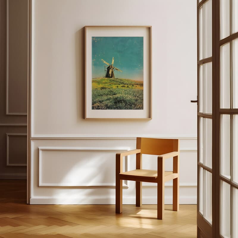 Room view with a matted frame of A vintage pastel pencil illustration, a windwmill on a grassy plain