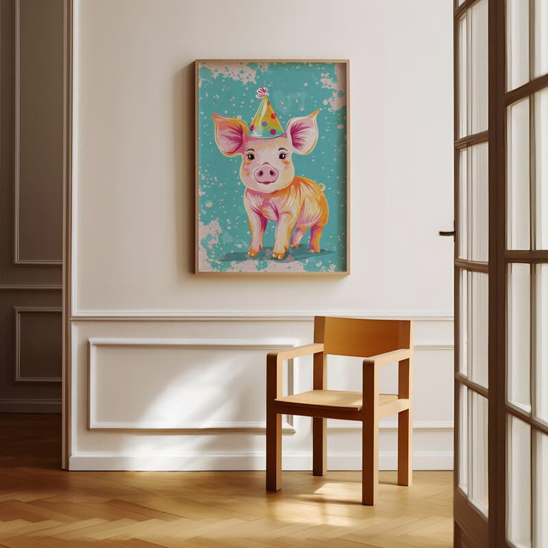 Room view with a full frame of A cute simple cartoon drawing, a pig wearing a party hat