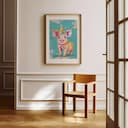 Room view with a matted frame of A cute simple cartoon drawing, a pig wearing a party hat