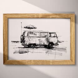 Beach Bus Digital Download | Beach Wall Decor | Coastal Decor | Gray and Black Print | Vintage Wall Art | Living Room Art | Housewarming Digital Download | Summer Wall Decor | Graphite Sketch