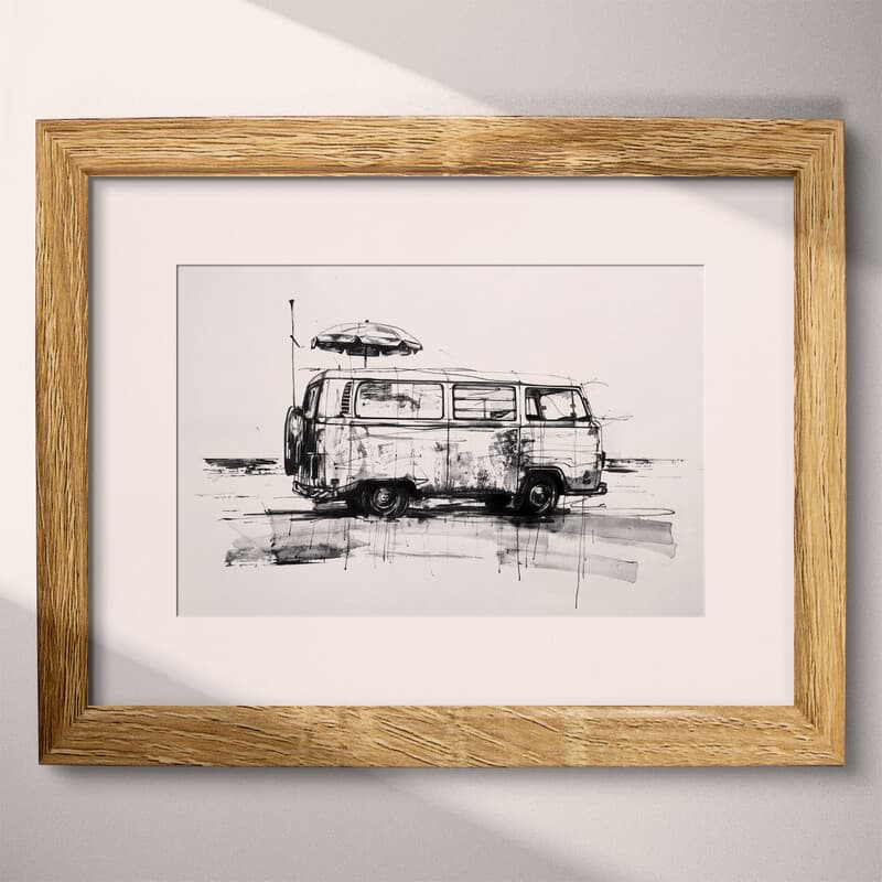 Matted frame view of A vintage graphite sketch, a beach bus