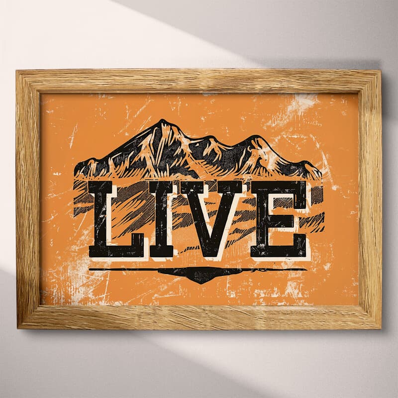 Full frame view of A contemporary linocut print, the words "LIVE" with mountains