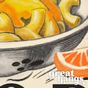 Closeup view of A vintage pastel pencil illustration, the words "COMFORT FOOD" with a bowl of mac and cheese