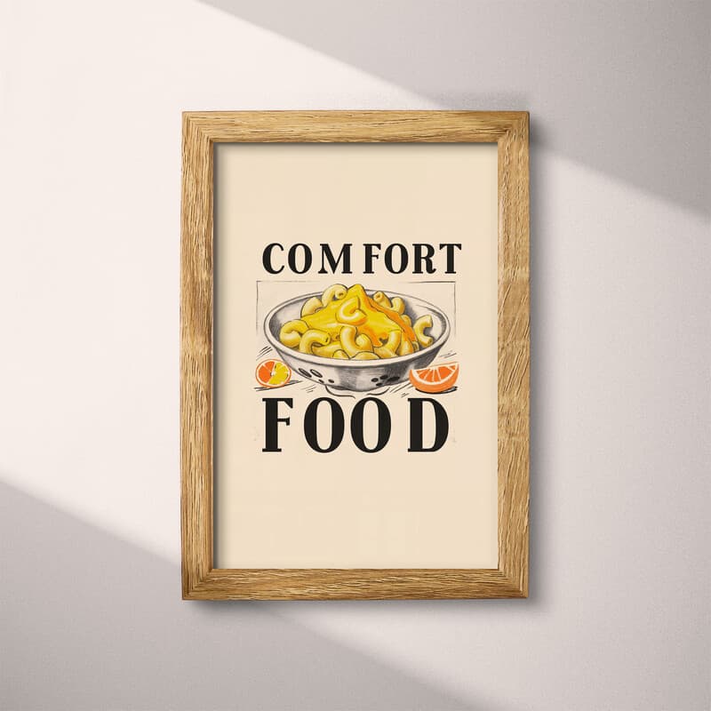 Full frame view of A vintage pastel pencil illustration, the words "COMFORT FOOD" with a bowl of mac and cheese