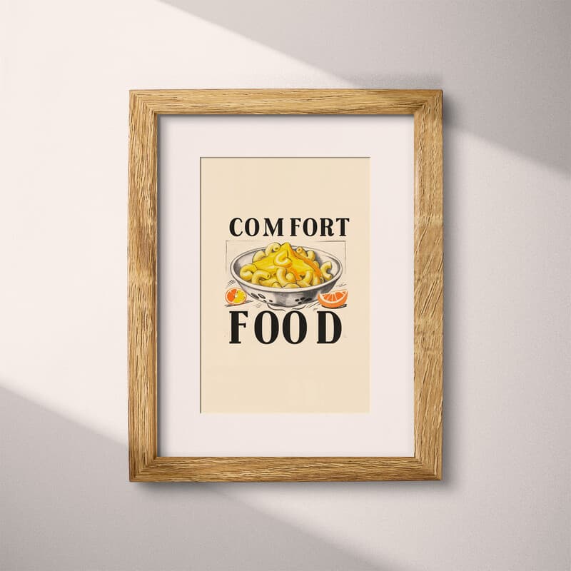 Matted frame view of A vintage pastel pencil illustration, the words "COMFORT FOOD" with a bowl of mac and cheese