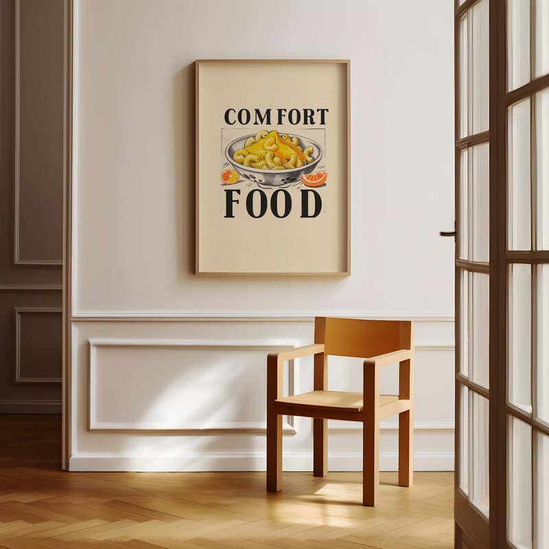 Room view with a full frame of A vintage pastel pencil illustration, the words "COMFORT FOOD" with a bowl of mac and cheese