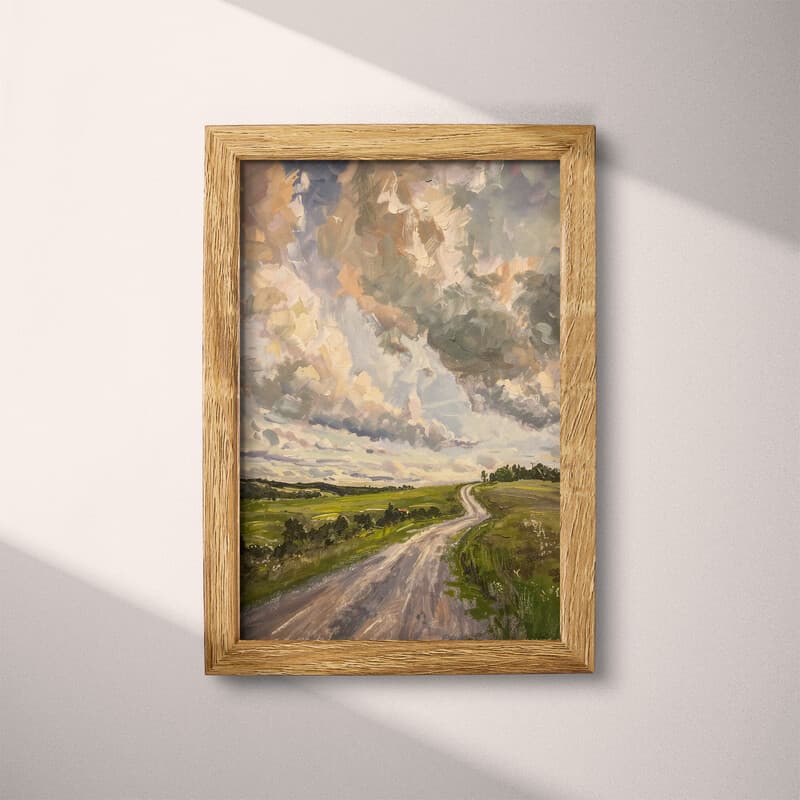 Full frame view of An impressionist oil painting, a country road by a green field, clouds in the sky