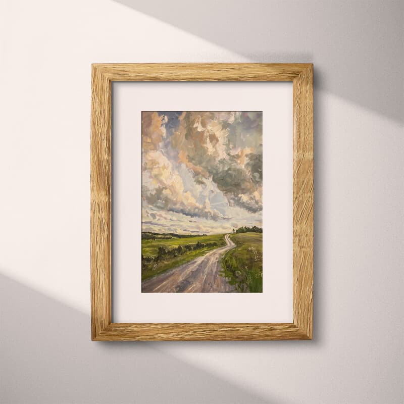 Matted frame view of An impressionist oil painting, a country road by a green field, clouds in the sky