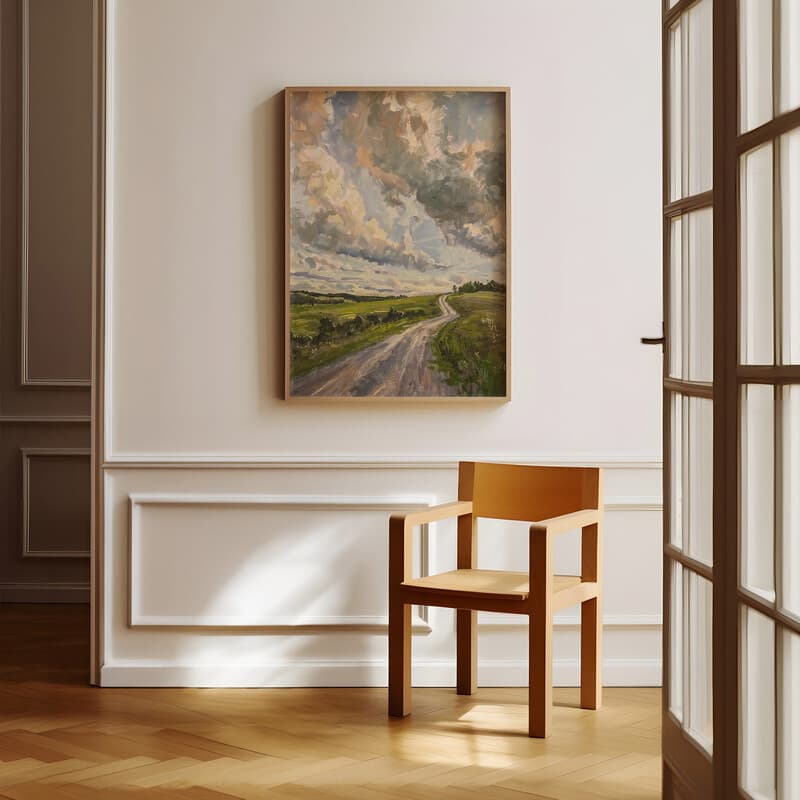 Room view with a full frame of An impressionist oil painting, a country road by a green field, clouds in the sky