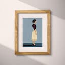 Matted frame view of A retro illustration with simple shapes, a woman standing, side view