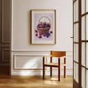 Room view with a matted frame of A farmhouse pastel pencil illustration, a basket of berries