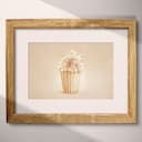 Matted frame view of A cute chibi anime pastel pencil illustration, a bucket of popcorn