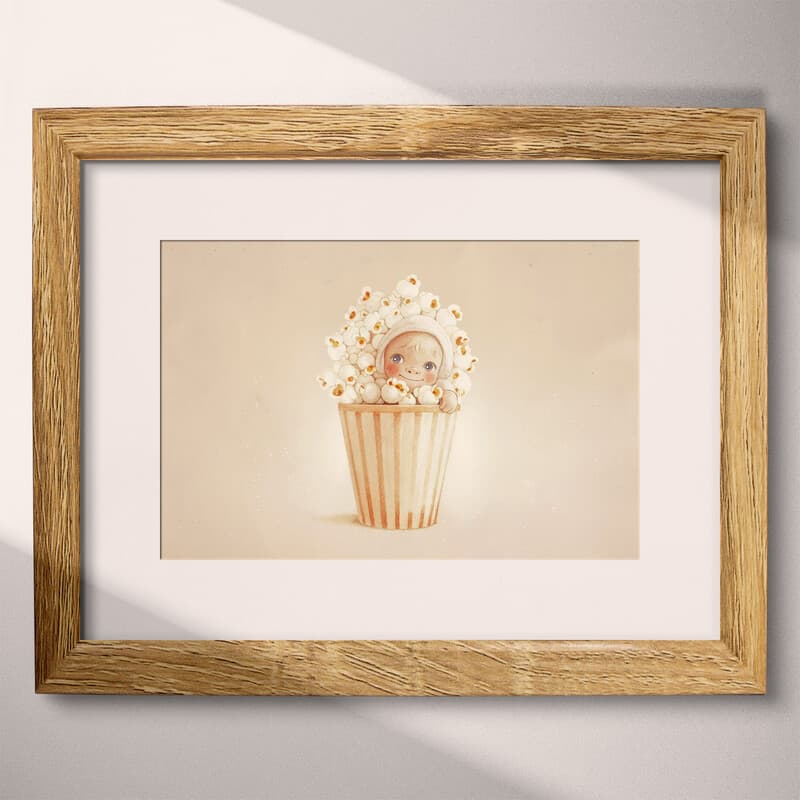 Matted frame view of A cute chibi anime pastel pencil illustration, a bucket of popcorn