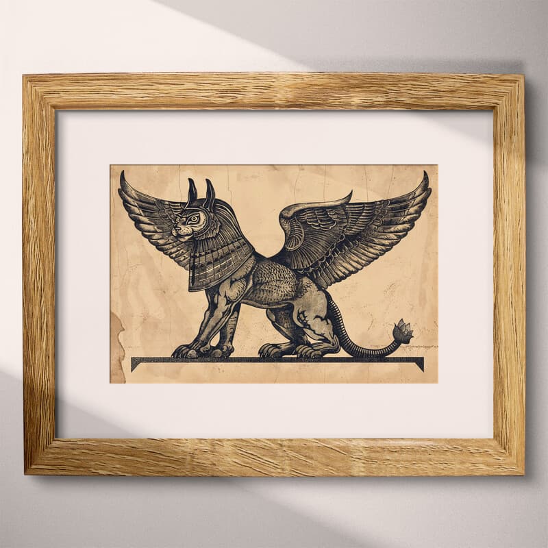 Matted frame view of A vintage graphite sketch, a mythical sphinx