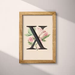 Letter X Art | Typography Wall Art | Flowers Print | White, Black, Green and Pink Decor | Vintage Wall Decor | Entryway Digital Download | Spring Art | Pastel Pencil Illustration