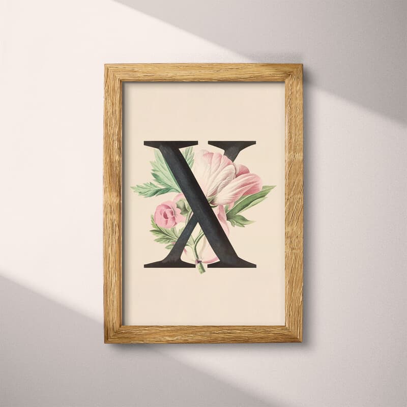 Full frame view of A vintage pastel pencil illustration, the letter "X" with a flower