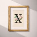 Matted frame view of A vintage pastel pencil illustration, the letter "X" with a flower