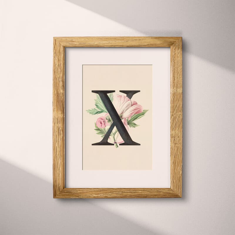 Matted frame view of A vintage pastel pencil illustration, the letter "X" with a flower