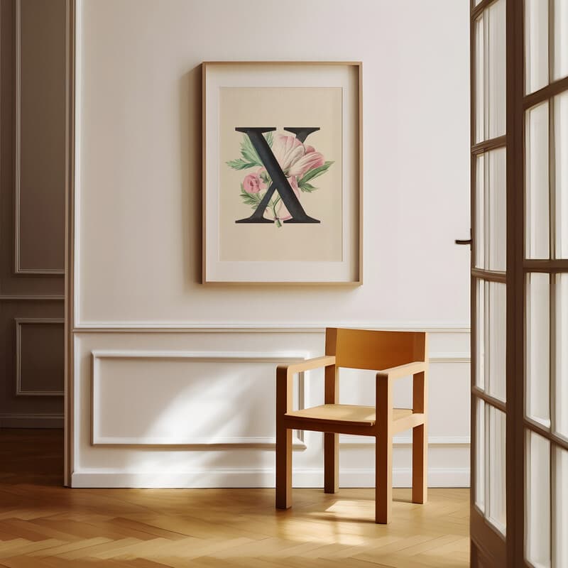 Room view with a matted frame of A vintage pastel pencil illustration, the letter "X" with a flower