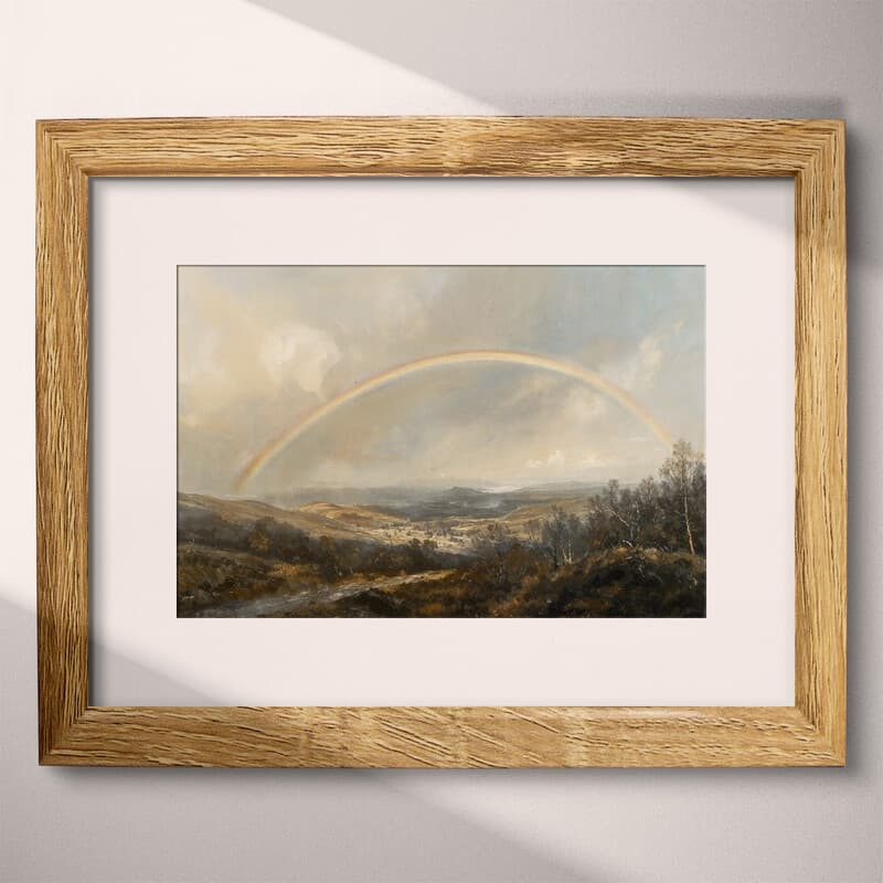 Matted frame view of A baroque oil painting, a rainbow in the sky over a valley