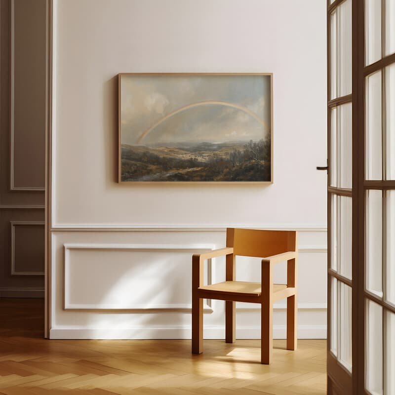 Room view with a full frame of A baroque oil painting, a rainbow in the sky over a valley