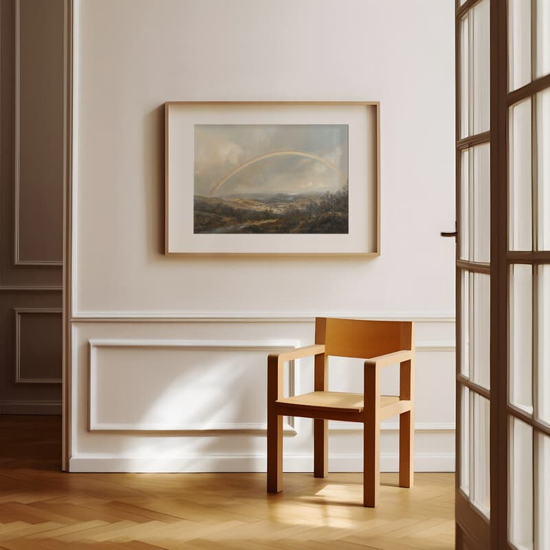 Room view with a matted frame of A baroque oil painting, a rainbow in the sky over a valley