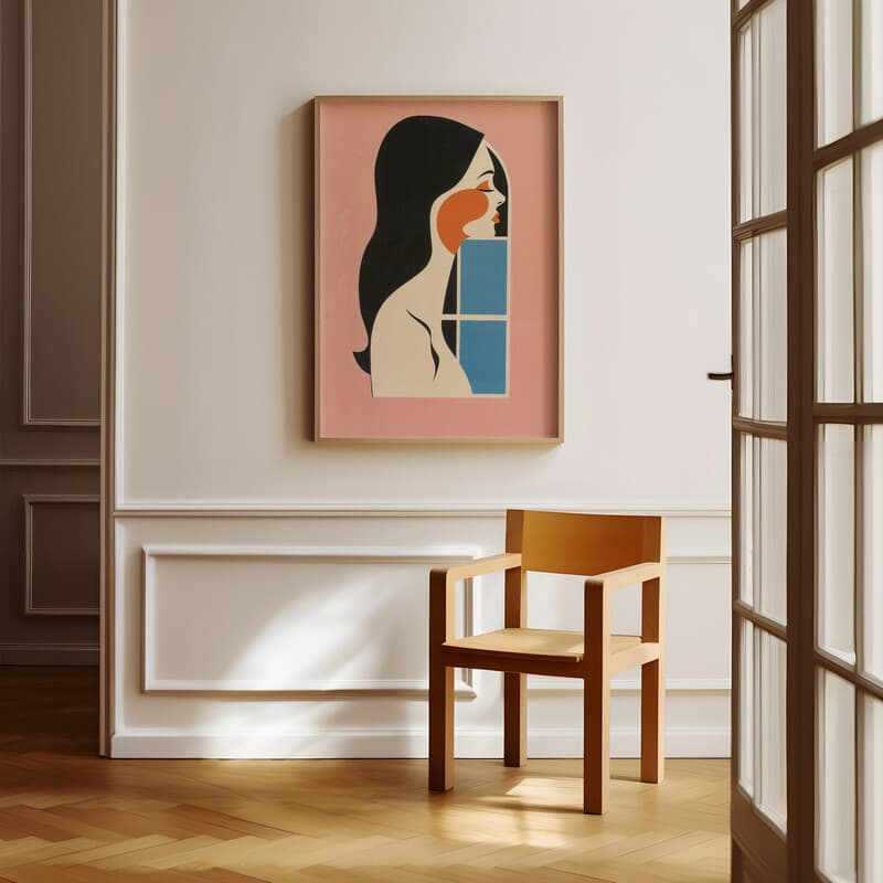 Room view with a full frame of An abstract vintage cartoon drawing, a woman looking out of a window