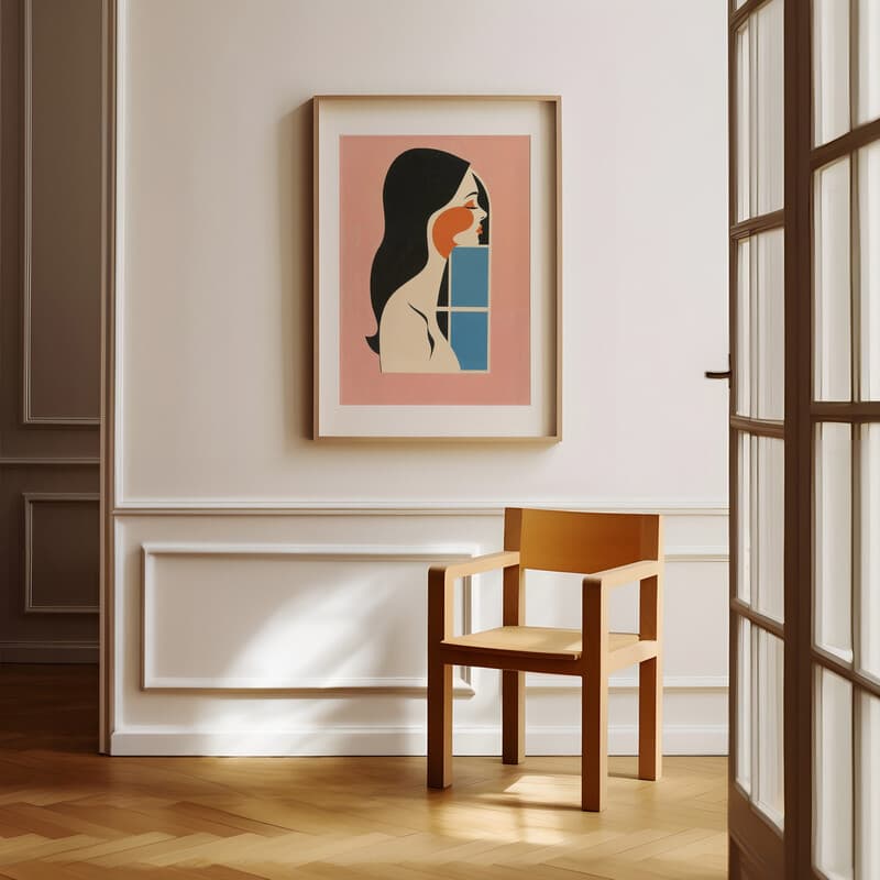 Room view with a matted frame of An abstract vintage cartoon drawing, a woman looking out of a window