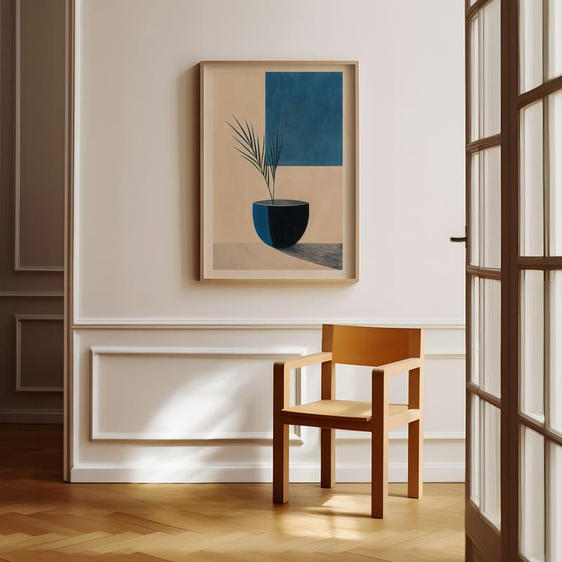 Room view with a full frame of An abstract contemporary pastel pencil illustration, a plant in a vase