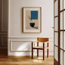 Room view with a matted frame of An abstract contemporary pastel pencil illustration, a plant in a vase