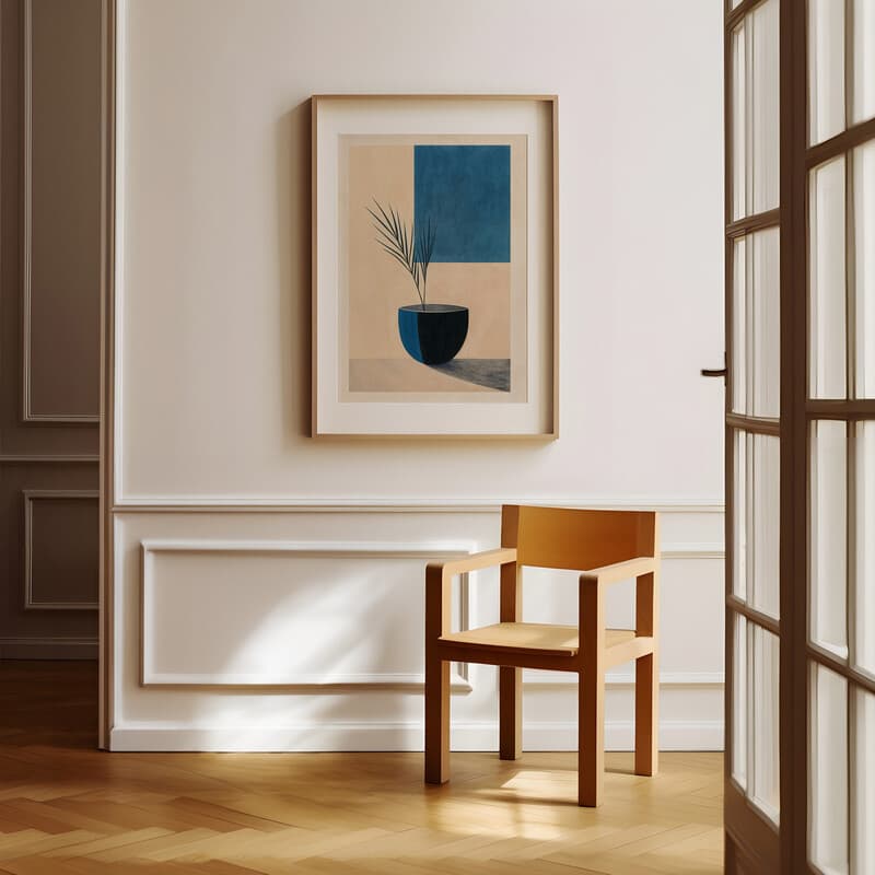 Room view with a matted frame of An abstract contemporary pastel pencil illustration, a plant in a vase