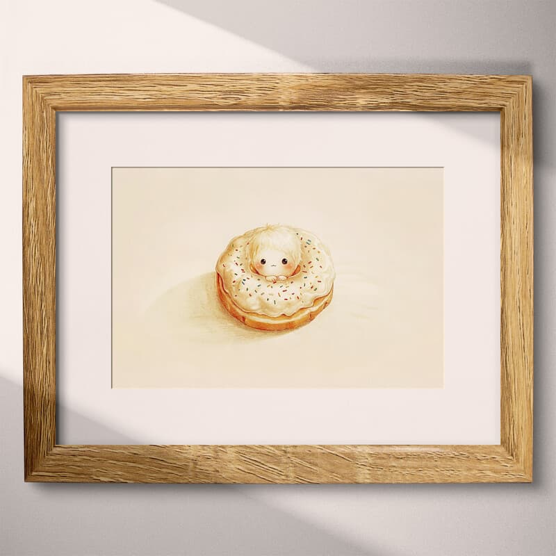 Matted frame view of A cute chibi anime colored pencil illustration, donuts