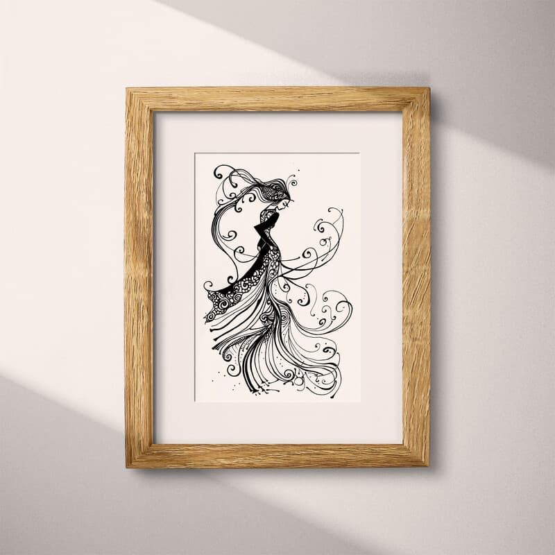 Matted frame view of A vintage ink sketch, a doodle of a woman