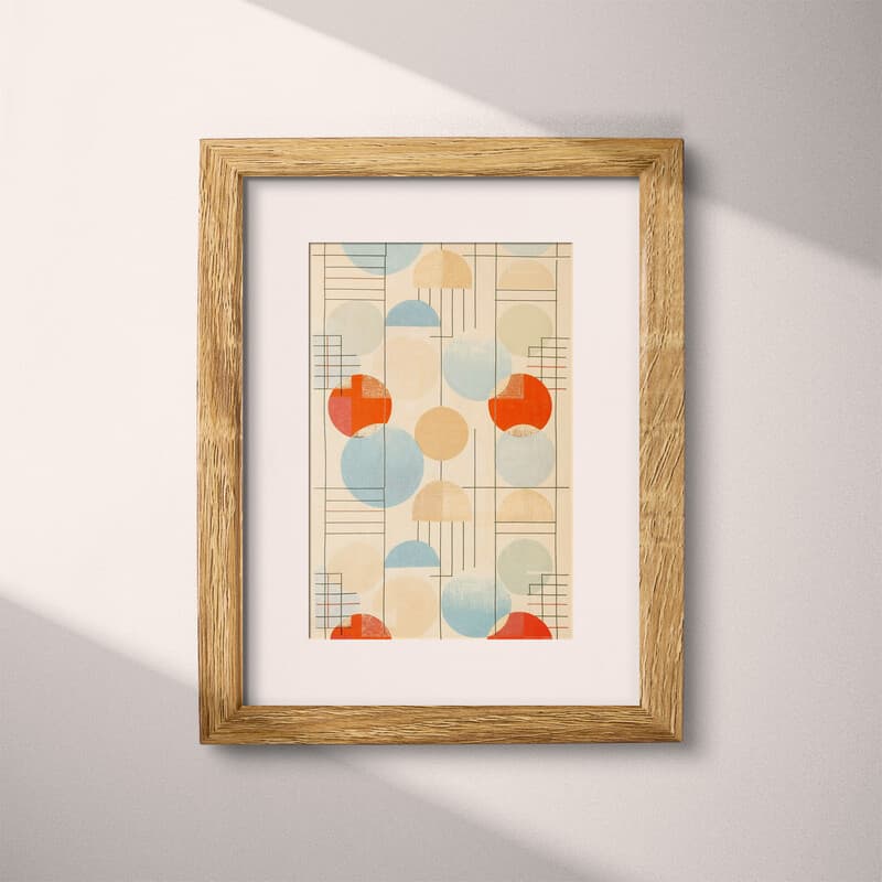 Matted frame view of A bauhaus textile print, circle and semi-circle grid pattern