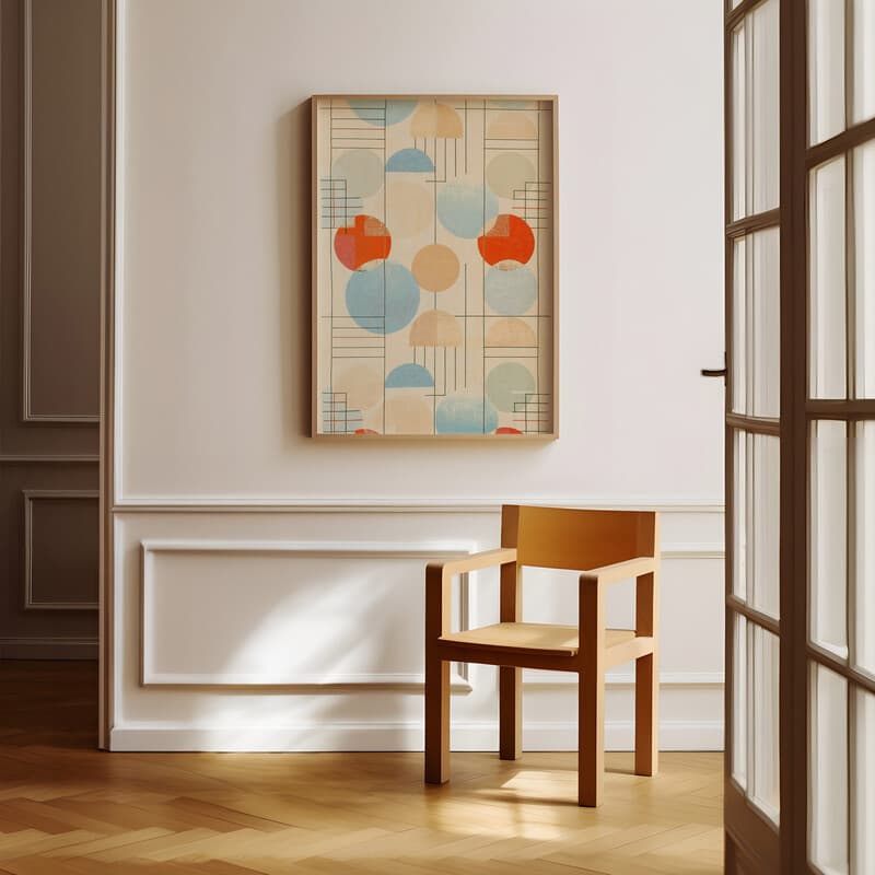 Room view with a full frame of A bauhaus textile print, circle and semi-circle grid pattern