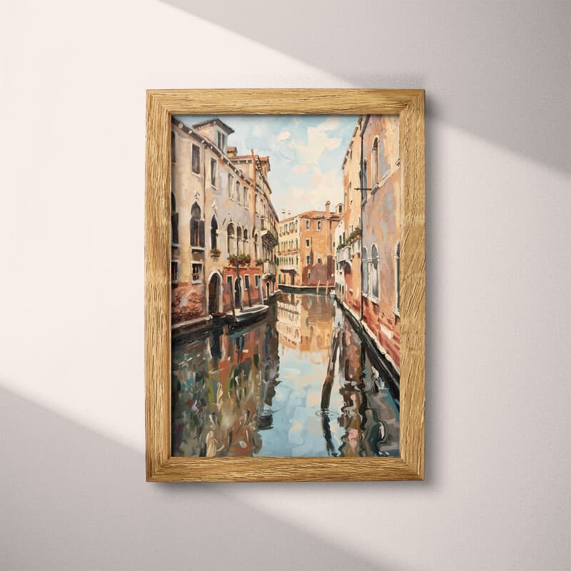 Full frame view of An impressionist oil painting, architecture along an italian canal, symmetrical view