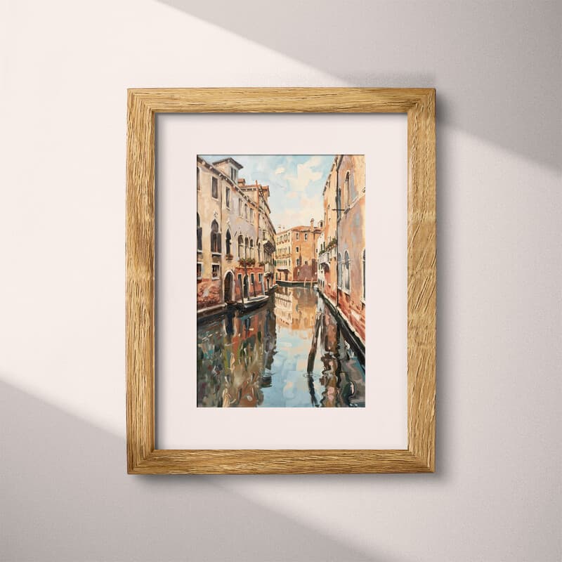 Matted frame view of An impressionist oil painting, architecture along an italian canal, symmetrical view