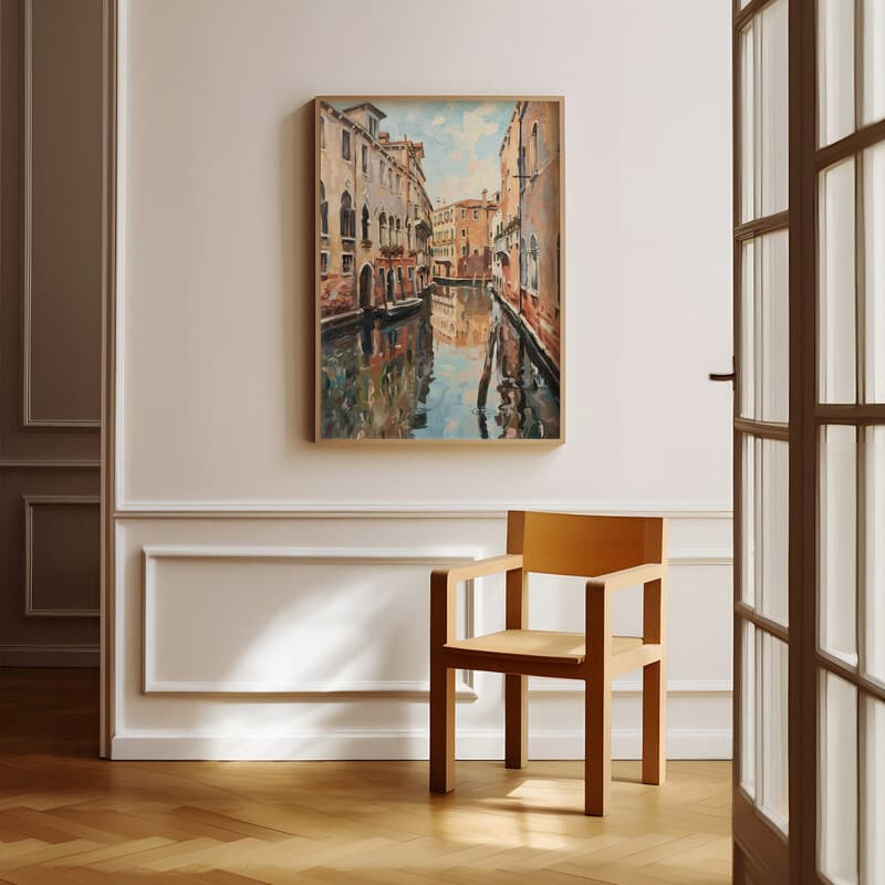 Room view with a full frame of An impressionist oil painting, architecture along an italian canal, symmetrical view