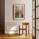 Room view with a matted frame of An impressionist oil painting, architecture along an italian canal, symmetrical view