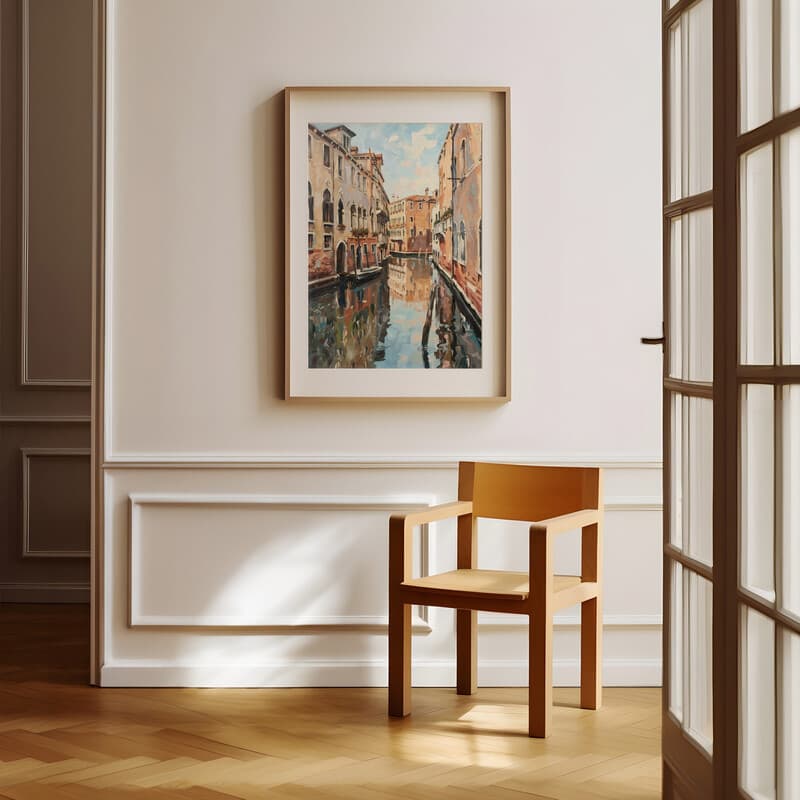 Room view with a matted frame of An impressionist oil painting, architecture along an italian canal, symmetrical view