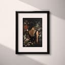 Matted frame view of A vintage oil painting, a woman surrounded by flowers, back view