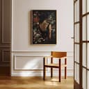 Room view with a full frame of A vintage oil painting, a woman surrounded by flowers, back view