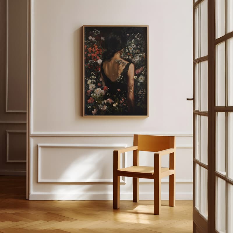 Room view with a full frame of A vintage oil painting, a woman surrounded by flowers, back view