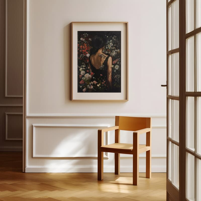 Room view with a matted frame of A vintage oil painting, a woman surrounded by flowers, back view