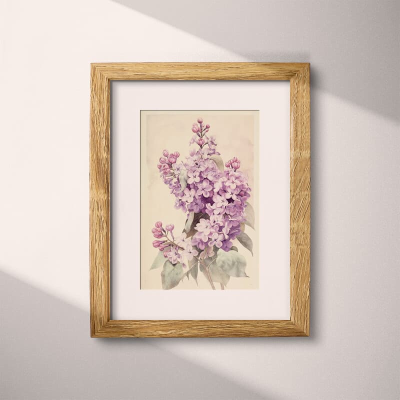 Matted frame view of A vintage pastel pencil illustration, lilacs